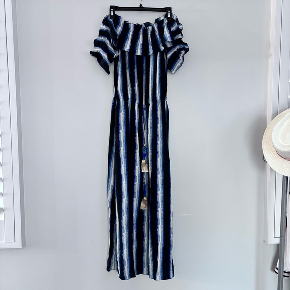 Figue 'Maya' Ruffle Sleeve Drawstring Waist Maxi Blue Stripe Dress Size‎ Medium - Picture 5 of 8